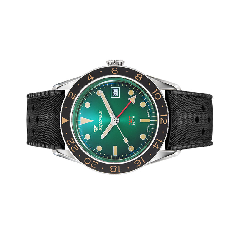 Squale 300 Meter Swiss Automatic GMT-Dive Watch with Green Dial and Rubber Strap #SUB-39GMGR.HTB