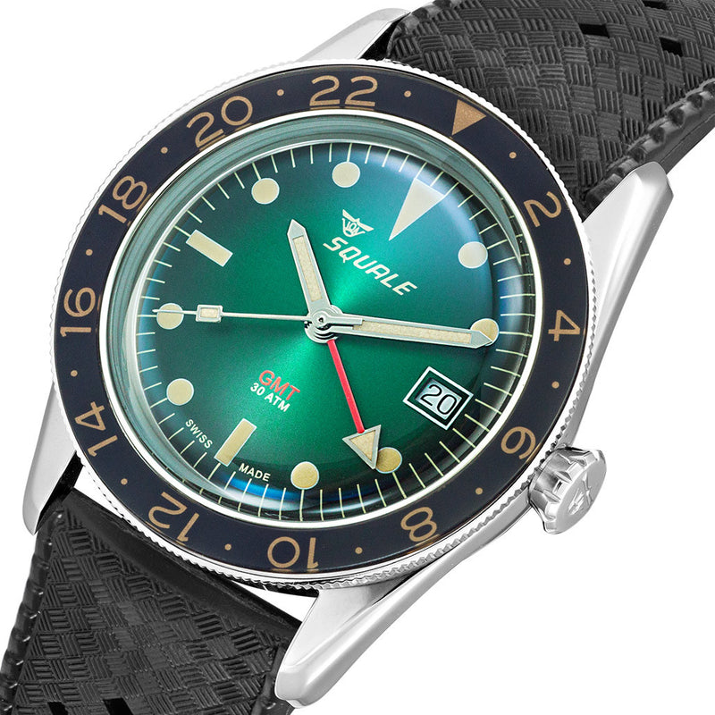 Squale 300 Meter Swiss Automatic GMT-Dive Watch with Green Dial and Rubber Strap #SUB-39GMGR.HTB