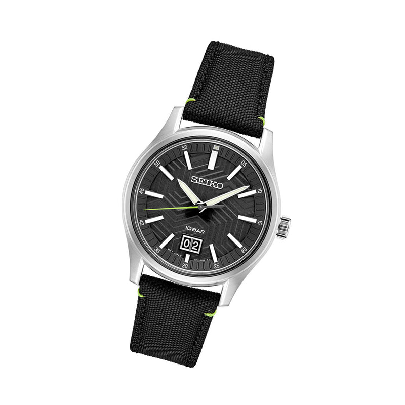 Seiko Essentials Sport Big Date Watch with Matte Black "Streetwear" Dial and Sapphire #SUR517 tilt