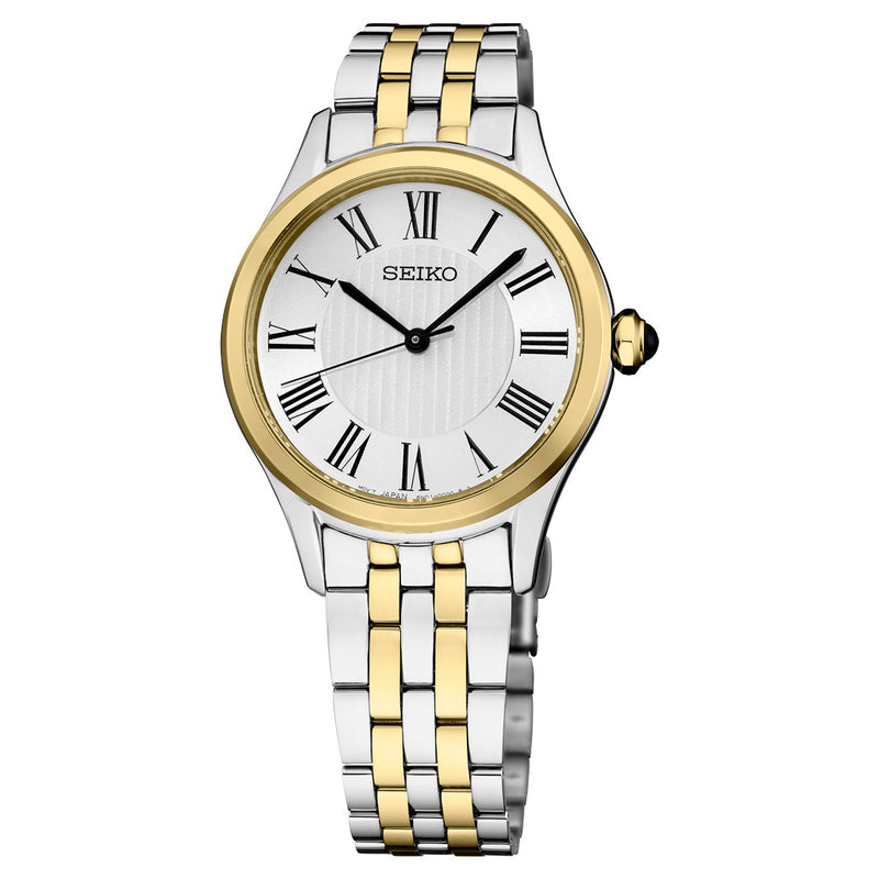 Seiko Essentials Lady's Roman Numeral Two-Tone Watch with Silver-White Dial #SUR612