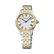 Seiko Essentials Lady's Roman Numeral Two-Tone Watch with Silver-White Dial #SUR612