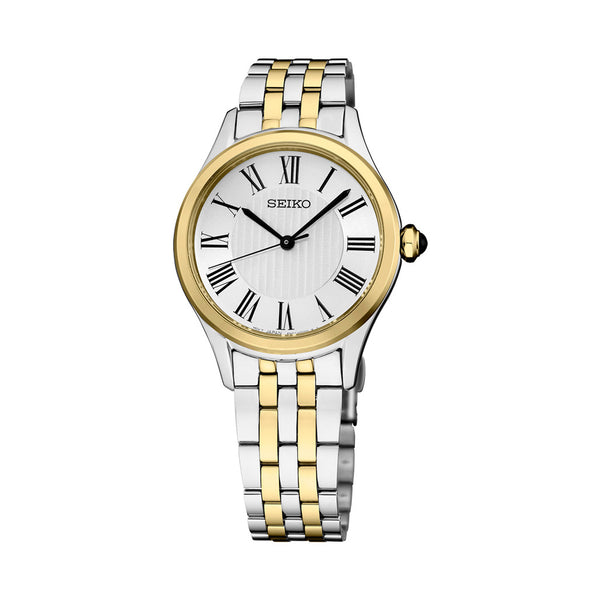 Seiko Essentials Lady's Roman Numeral Two-Tone Watch with Silver-White Dial #SUR612