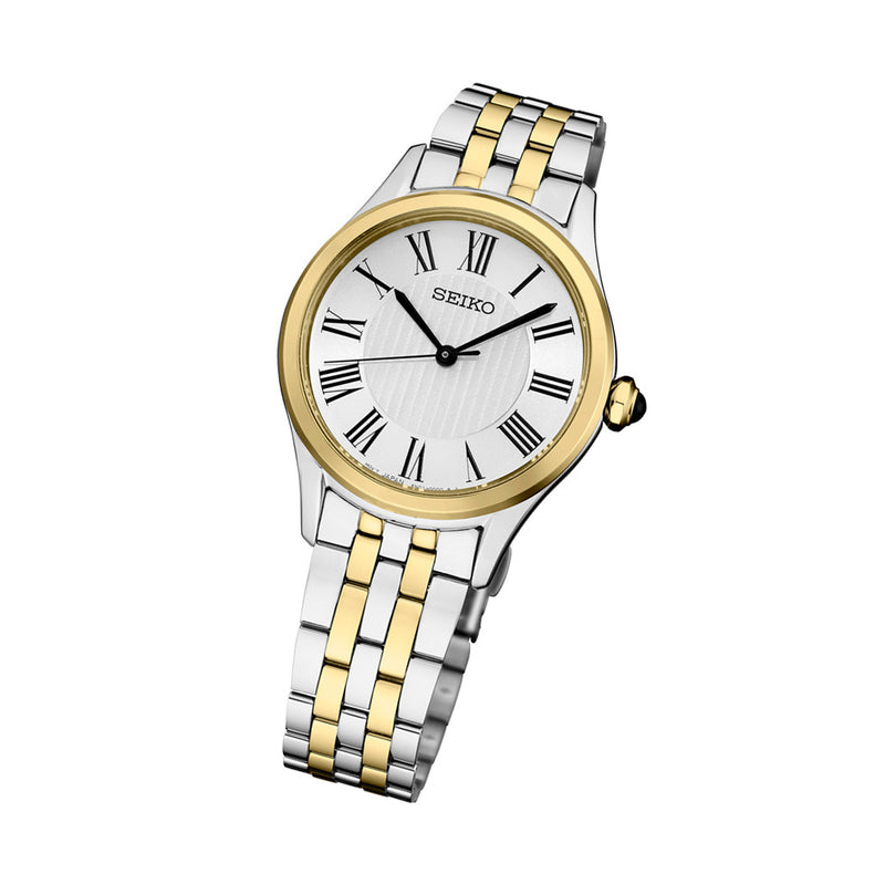 Seiko Essentials Lady's Roman Numeral Two-Tone Watch with Silver-White Dial #SUR612