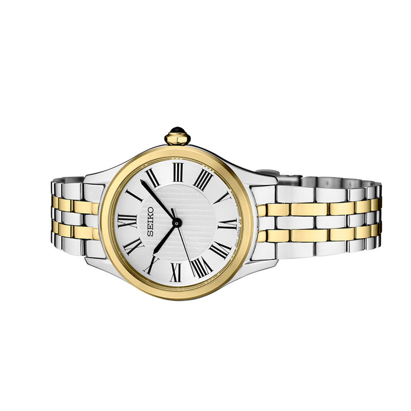 Seiko Essentials Lady's Roman Numeral Two-Tone Watch with Silver-White Dial #SUR612
