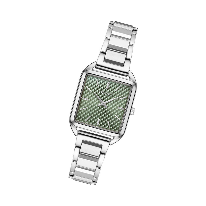 Seiko Essentials Tank Watch with Green Grid Pattern Dial #SWR075 tilt