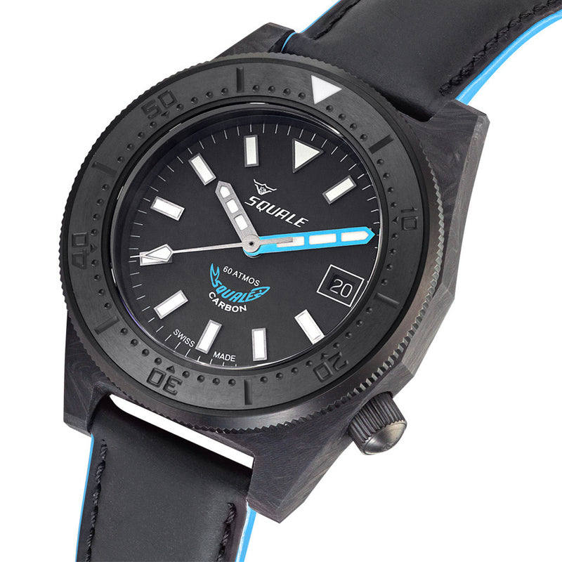 Squale T183 Forged Carbon Dive Watch with Blue Accents #T183FCBL Tilt