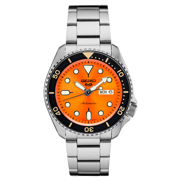 Seiko 5 Sports 24-Jewel Automatic Watch with Orange Dial and SS Bracelet #SRPD59