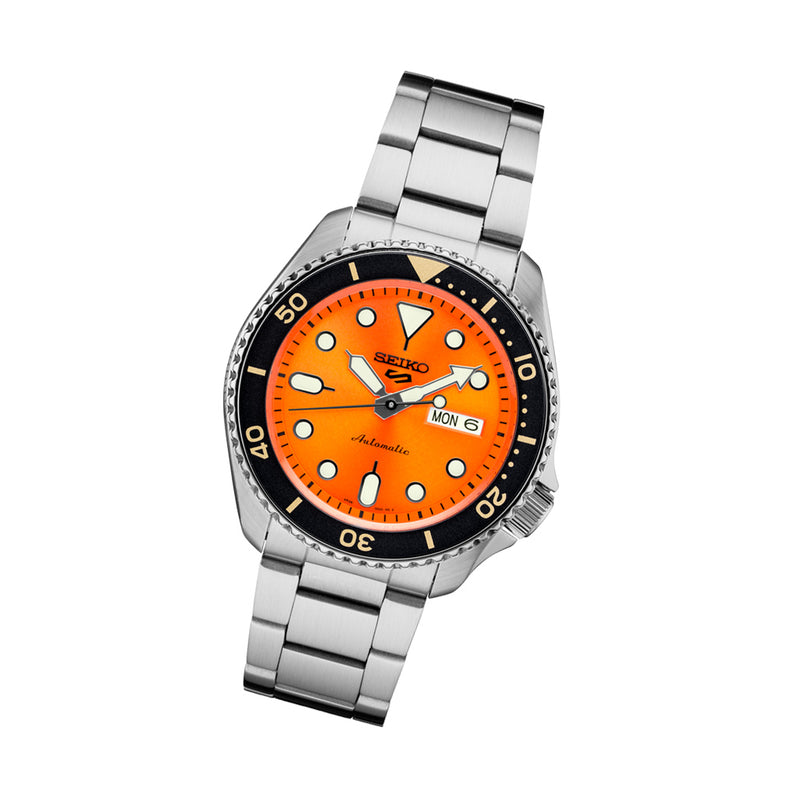 Seiko 5 Sports 24-Jewel Automatic Watch with Orange Dial and SS Bracelet #SRPD59