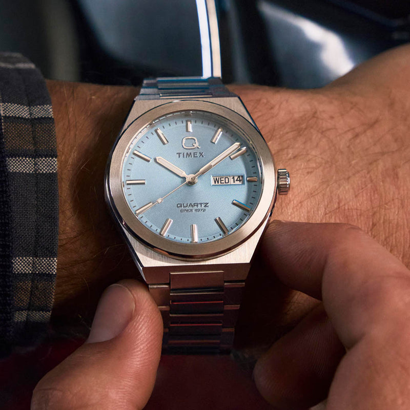 Timex® Q Continental Day and Date 39mm Stainless Steel Bracelet Watch #TW2Y35200