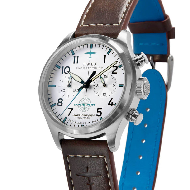Timex x Pan Am® Waterbury Ace Chronograph 41mm Leather Strap Watch #TW2Y38700