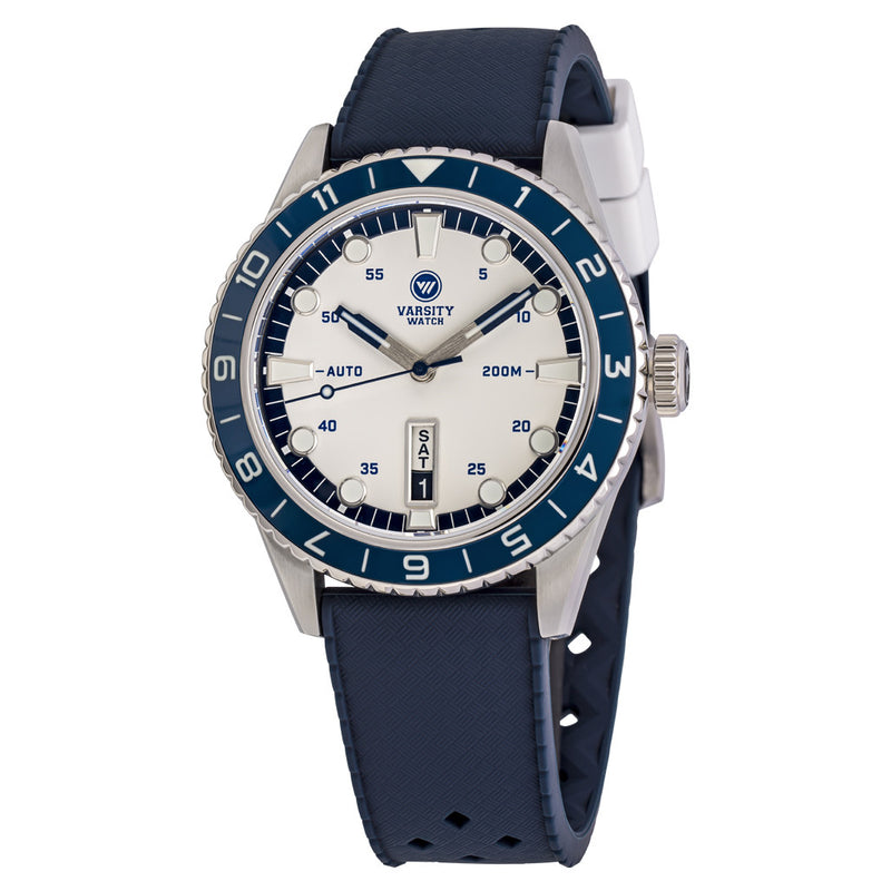 Varsity Watch with white and blue color scheme, automatic diver VW-01