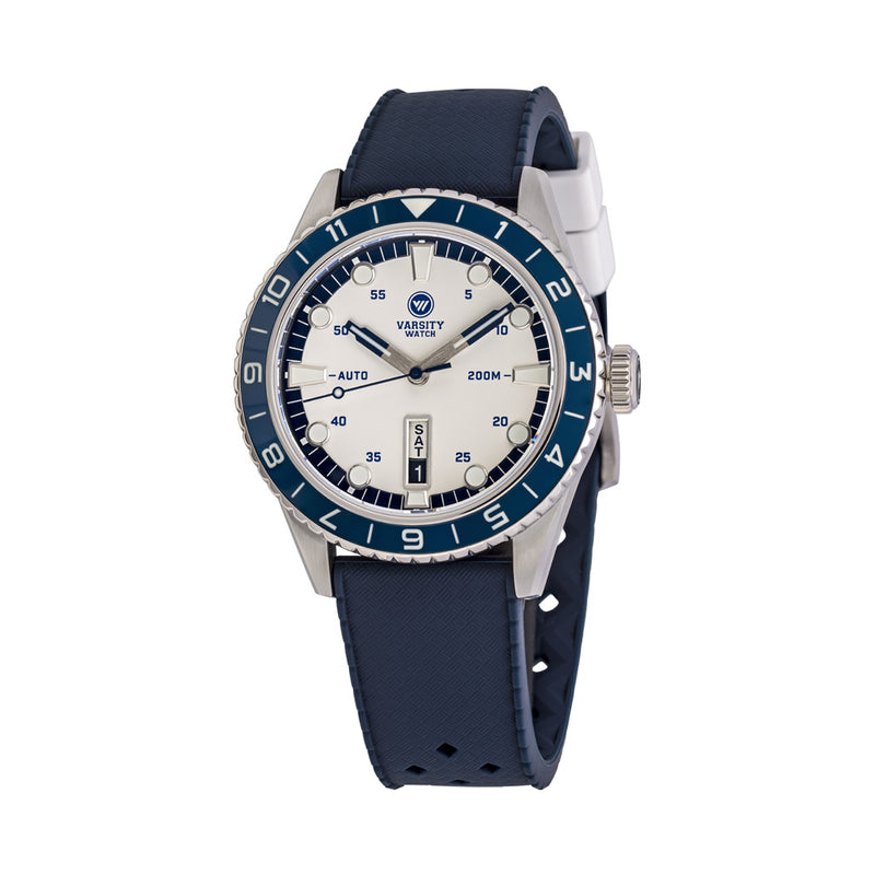 Varsity Watch with white and blue color scheme, automatic diver VW-01