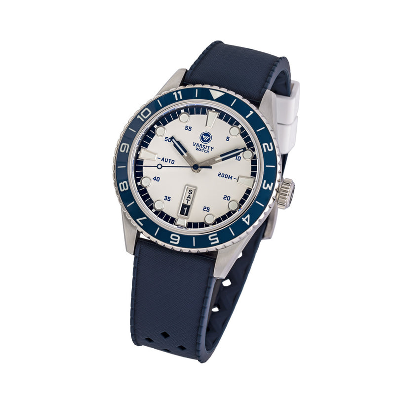 Varsity Watch with white and blue color scheme, automatic diver VW-01