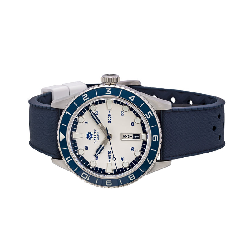 Varsity Watch with white and blue color scheme, automatic diver VW-01
