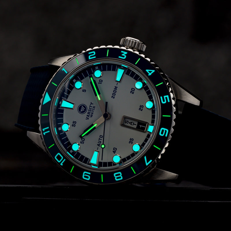 Varsity Watch with white and blue color scheme, automatic diver VW-01