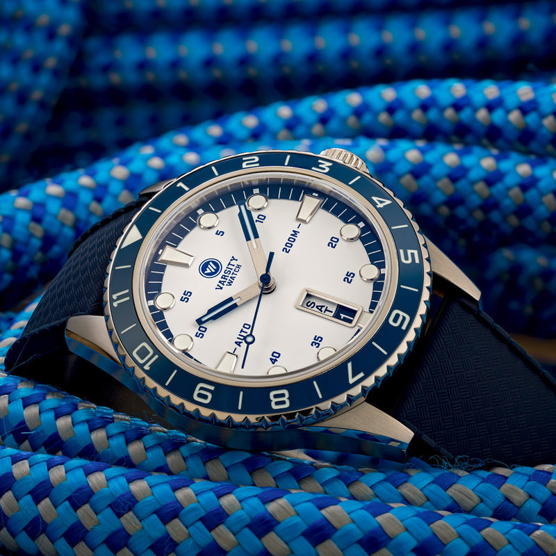 Varsity Watch with white and blue color scheme, automatic diver VW-01