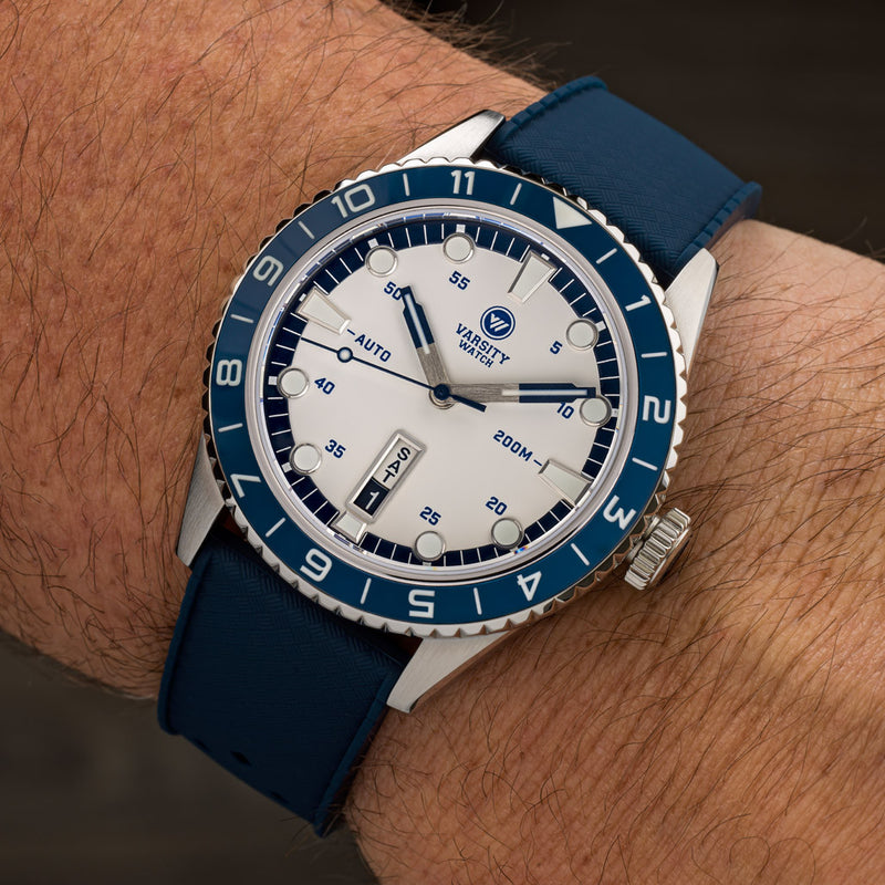 Varsity Watch with white and blue color scheme, automatic diver VW-01