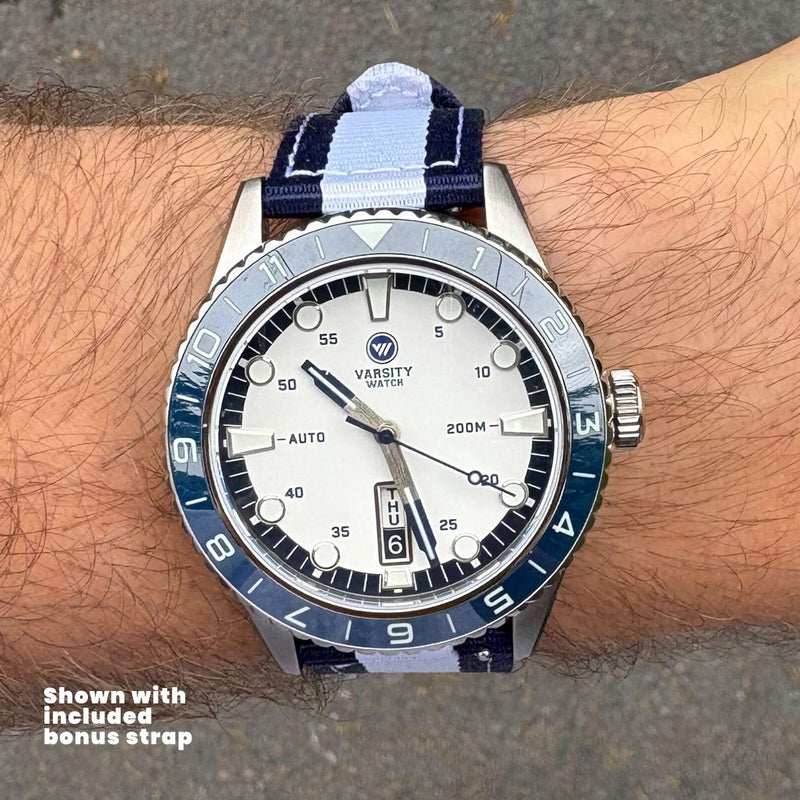 Varsity Watch with white and blue color scheme, automatic diver VW-01