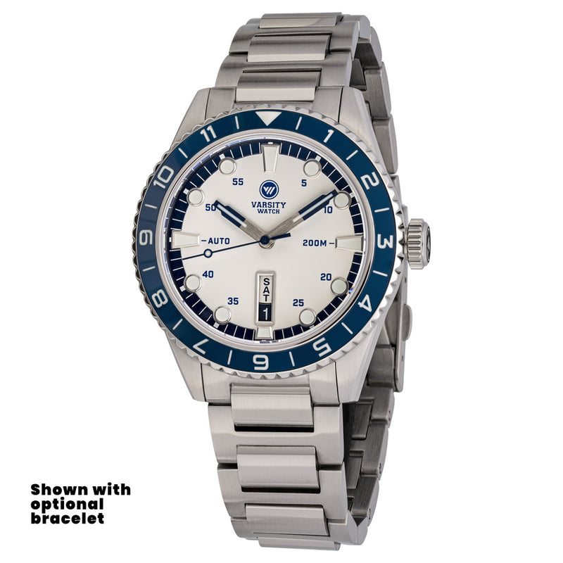 Varsity Watch with white and blue color scheme, automatic diver VW-01
