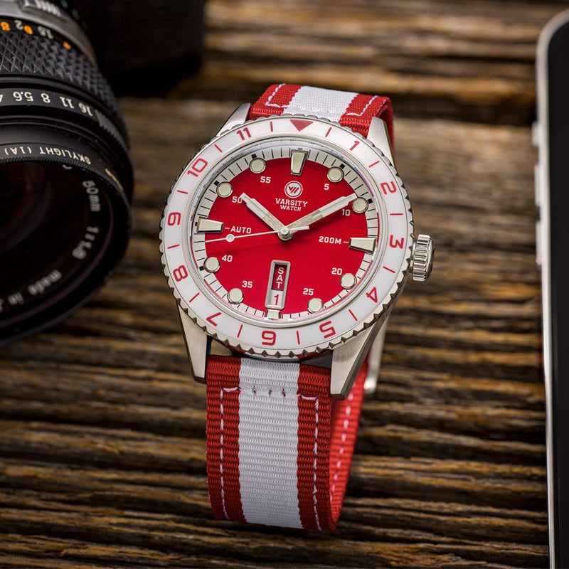 Varsity Automatic Watch with Red Dial and White Accents #VW-03