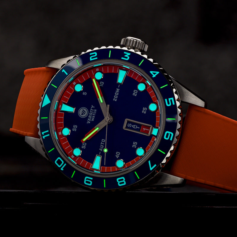 Varsity Automatic Watch with Blue Dial and Orange Accents #VW-04