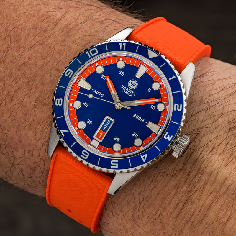 Varsity Automatic Watch with Blue Dial and Orange Accents #VW-04