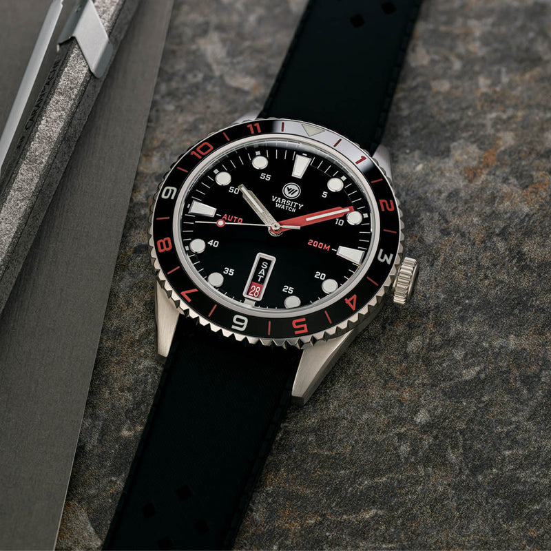 Varsity Automatic Watch with Black Dial, Red and White Accents #VW-05