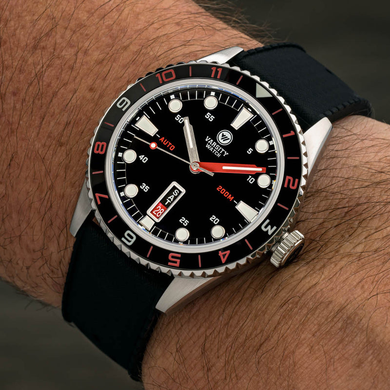 Varsity Automatic Watch with Black Dial, Red and White Accents #VW-05