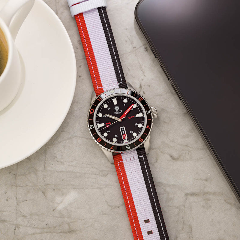 Varsity Automatic Watch with Black Dial, Red and White Accents #VW-05
