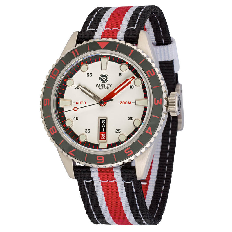 Varsity Automatic Watch with White Dial, Grey and Red Accents #VW-06