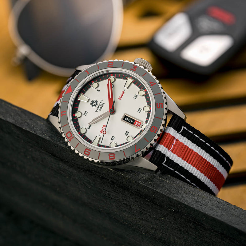 Varsity Automatic Watch with White Dial, Grey and Red Accents #VW-06