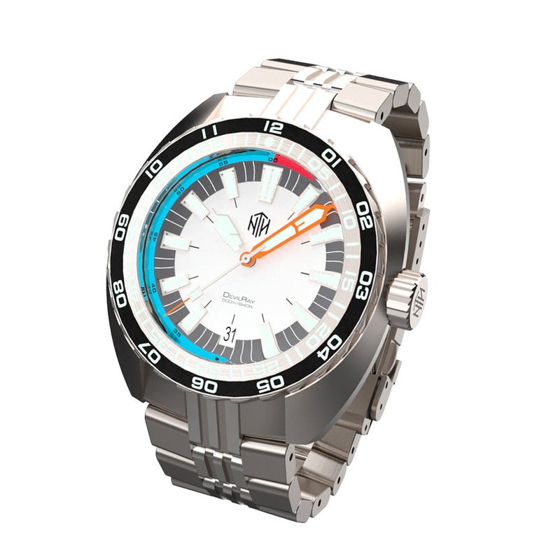 NTH DevilRay 500-Meter Automatic Dive Watch with White Dial and No Date #WW-NTH-DRWD tilt
