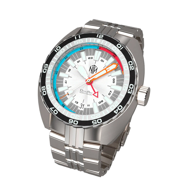 NTH DevilRay 500-Meter Automatic Dive Watch with White Dial and GMT Function #WW-NTH-DRWG tilt