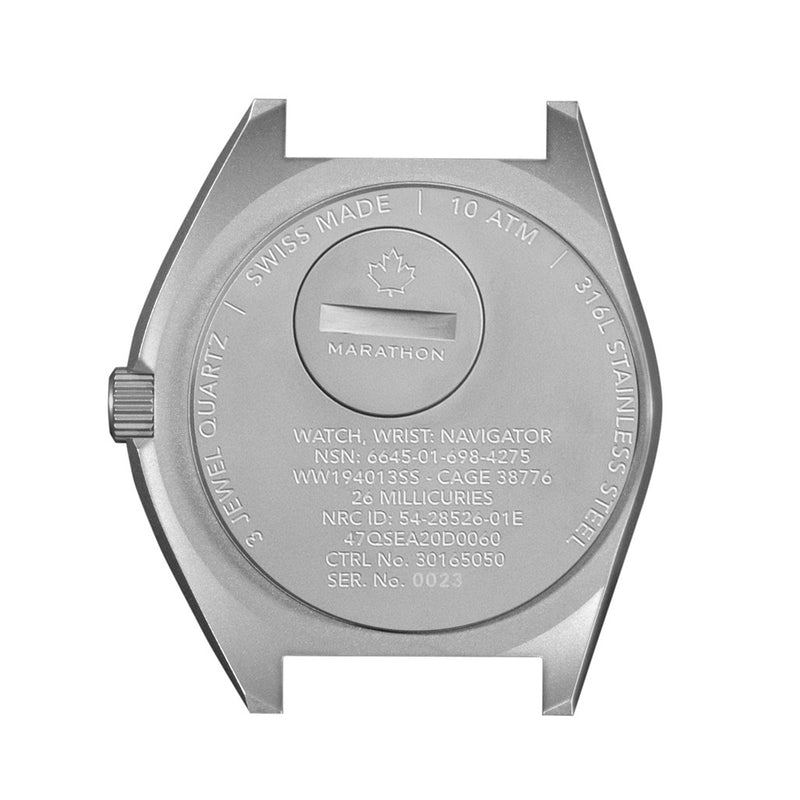 Marathon Swiss 41mm Steel Navigator with Tritium Tubes on Ballistic Strap #WW194013-GG-0101 back