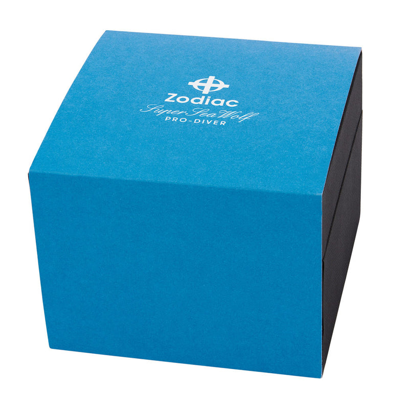 Zodiac Super Sea Wolf Pro-Diver with Black Dial and Blue Bezel #ZO3554 box