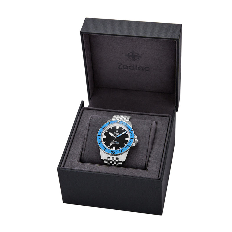 Zodiac Super Sea Wolf Pro-Diver with Black Dial and Blue Bezel #ZO3554 box