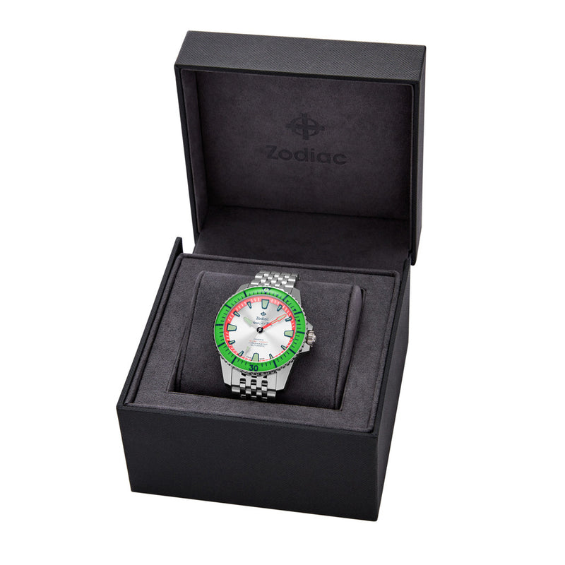 Zodiac Super Sea Wolf Pro-Diver with Silver Dial and Green Bezel #ZO3556 box