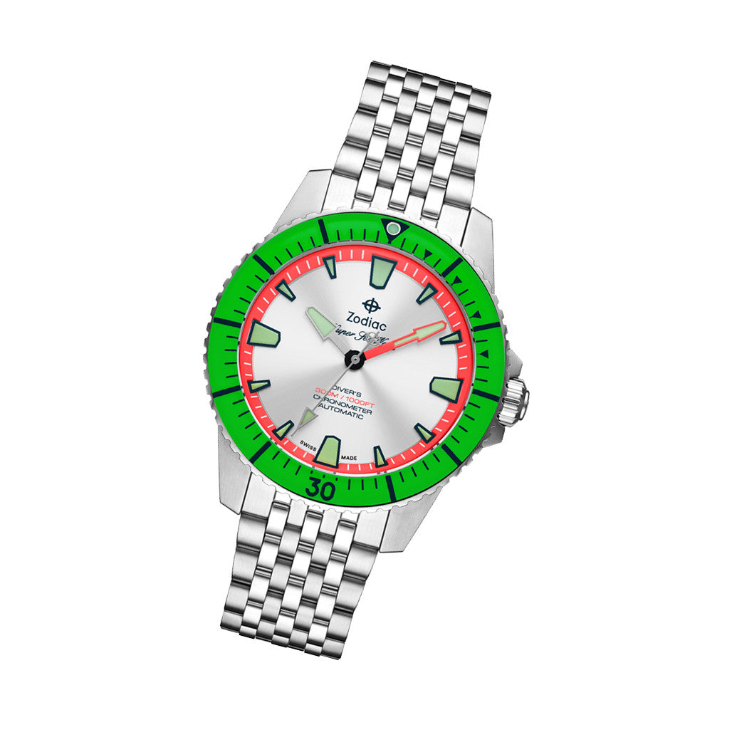 Zodiac Super Sea Wolf Pro-Diver with Silver Dial and Green Bezel
