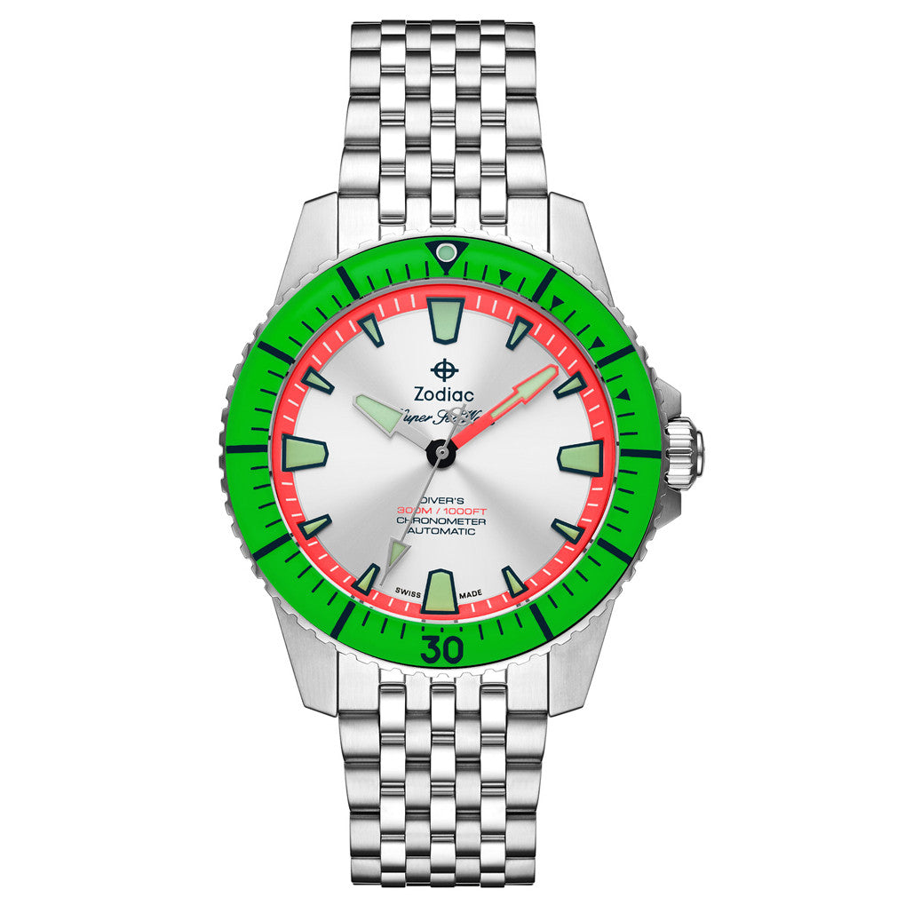 Zodiac Super Sea Wolf Pro-Diver with Silver Dial and Green Bezel