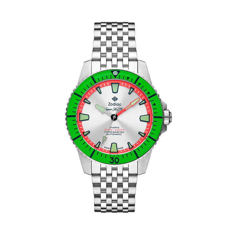 Zodiac Super Sea Wolf Pro-Diver with Silver Dial and Green Bezel #ZO3556