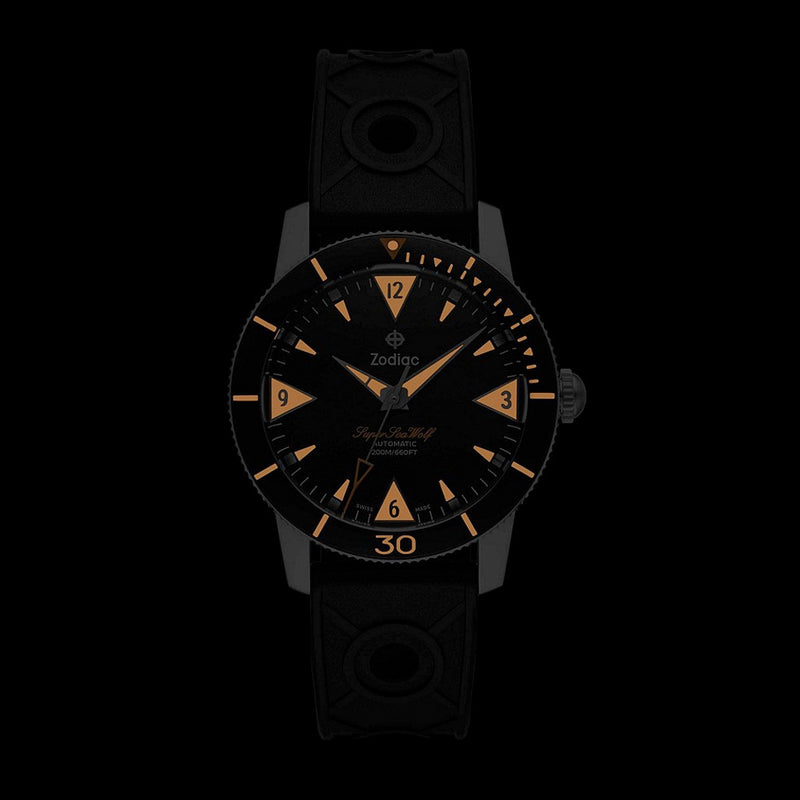 Zodiac Super Sea Wolf 53 Skin Automatic Black Rubber Watch #ZO9212 lume