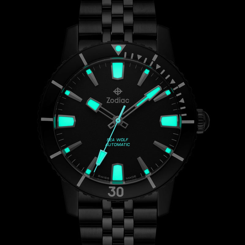 Zodiac Super Sea Wolf 53 Compression Automatic Black Stainless Steel Watch #ZO9276 lume