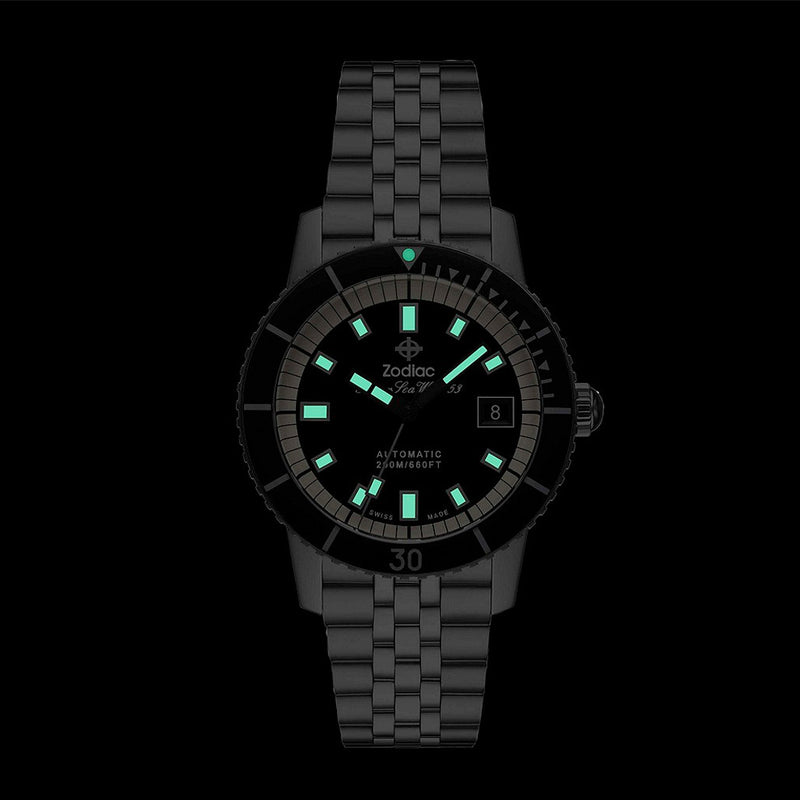 Zodiac Super Sea Wolf 53 Compression Automatic Stainless Steel Watch #ZO9286 lume