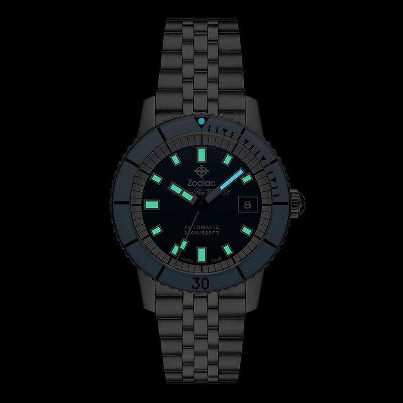 Zodiac Super Sea Wolf 53 Compression Automatic Stainless Steel Watch #ZO9287 lume