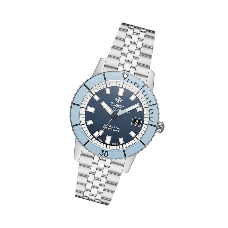 Zodiac Super Sea Wolf 53 Compression Automatic Stainless Steel Watch #ZO9287 tilt