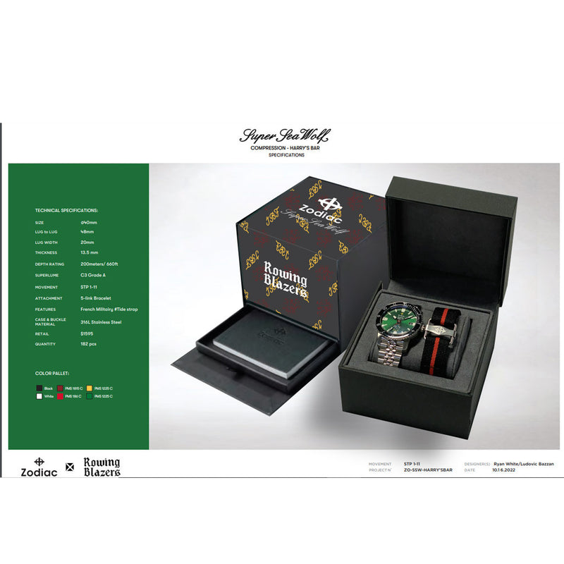 Zodiac Super Sea Wolf Rowing Blazers x Harrys Bar x Zodiac Tricollaboration Limited Edition #ZO9294 packaging