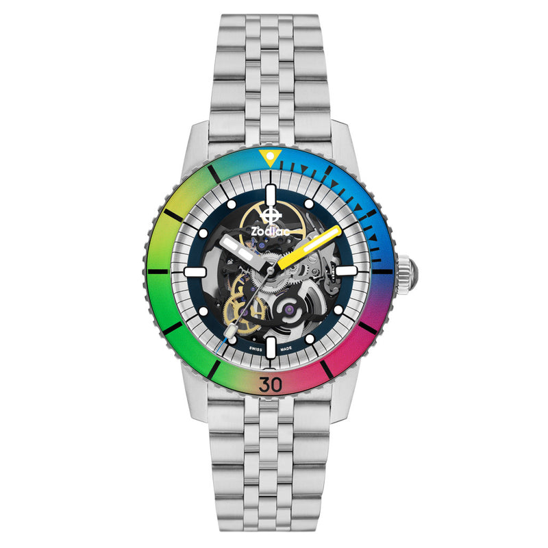 Zodiac Super Sea Wolf Automatic Skeleton Watch with Rainbow Bezel #ZO9298 zoom