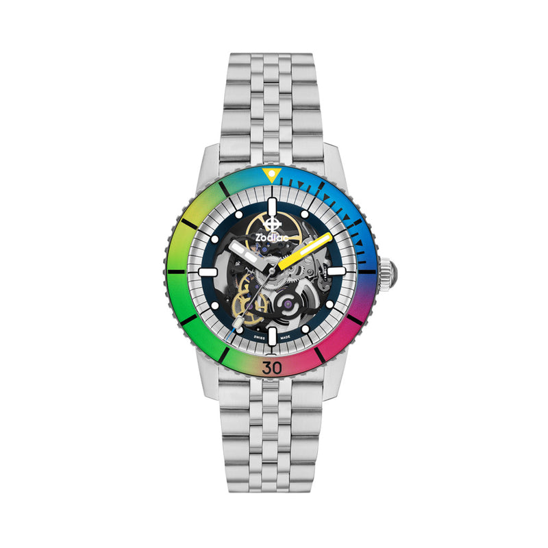 Zodiac Super Sea Wolf Automatic Skeleton Watch with Rainbow Bezel #ZO9298
