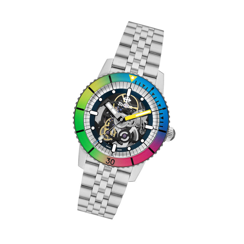 Zodiac Super Sea Wolf Automatic Skeleton Watch with Rainbow Bezel #ZO9298 tilt