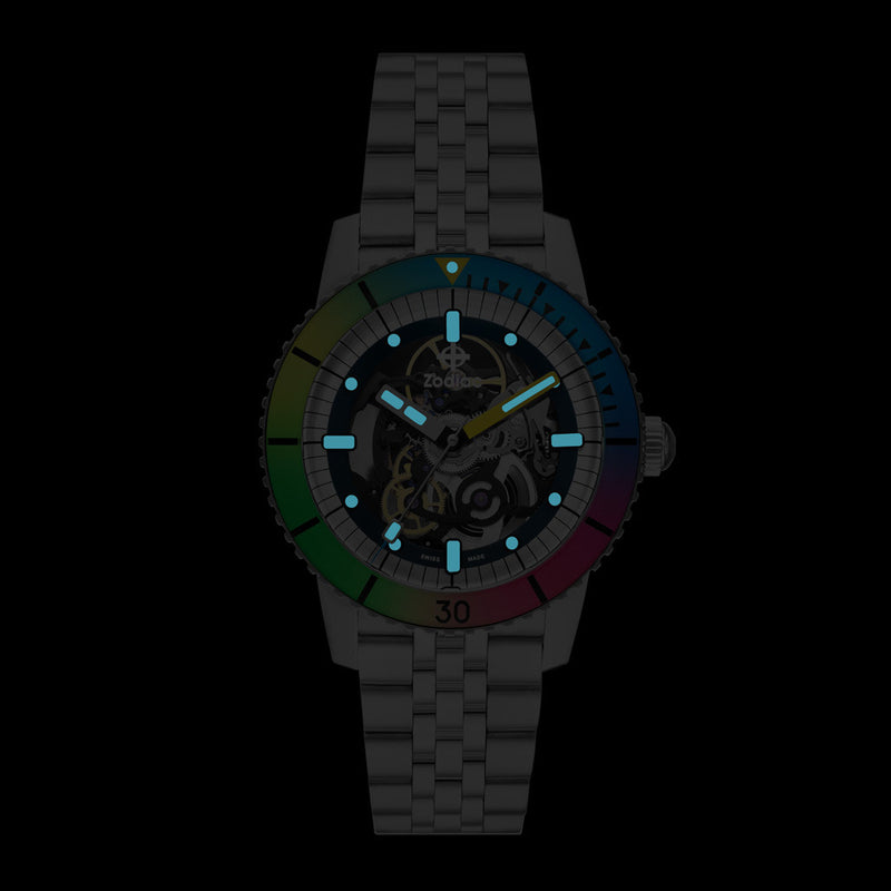 Zodiac Super Sea Wolf Automatic Skeleton Watch with Rainbow Bezel #ZO9298 lume